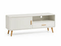 Meuble TV avec rangement 120 x 40 x 55 cm en MDF blanc rectangulaire avec pieds en hevea massif