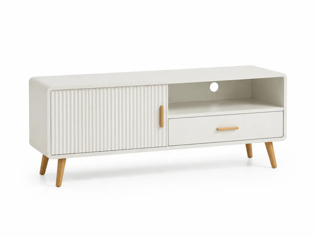 Meuble TV avec rangement 120 x 40 x 55 cm en MDF blanc rectangulaire avec pieds en hevea massif