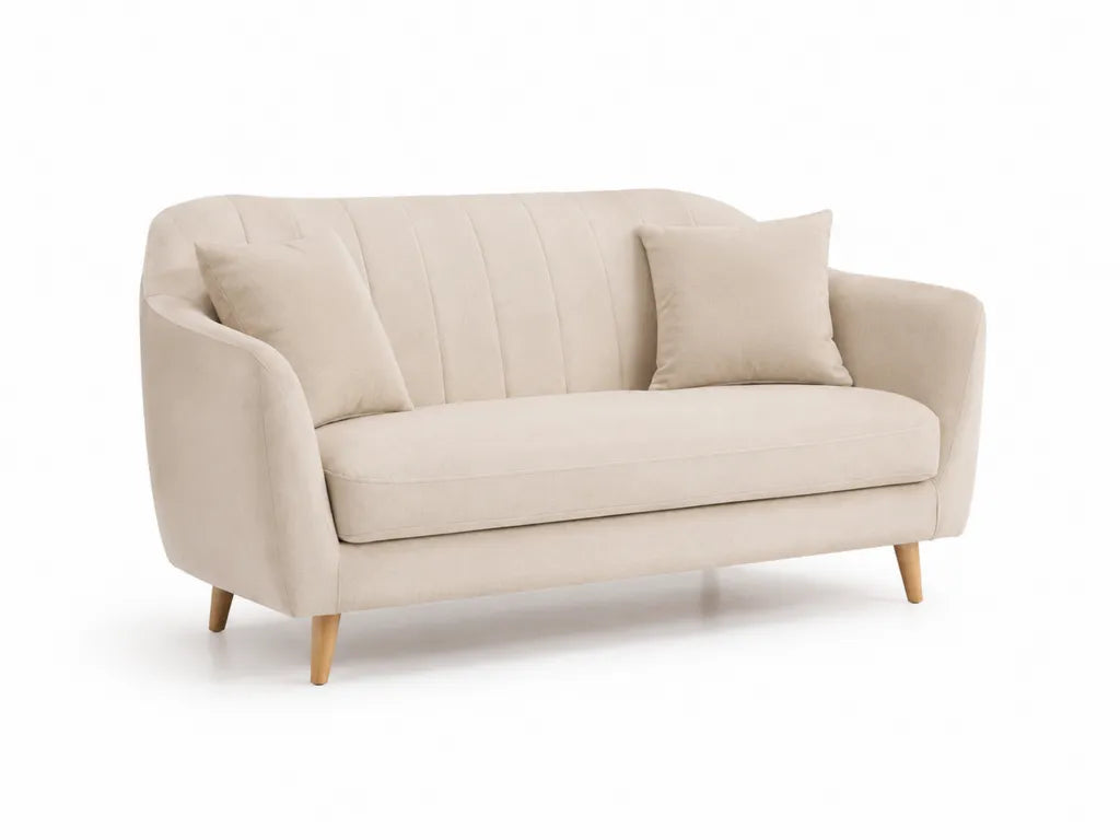 Canape 2 places droit en velours de polyester beige avec coussins 160 x 83 x 82 cm