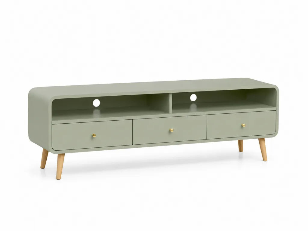 Meuble TV rectangulaire 160 x 40 x 55 cm en MDF vert sauge avec 3 tiroirs et 2 niches