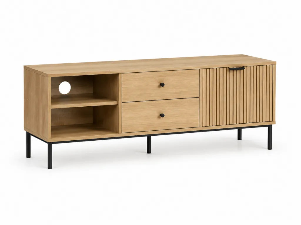 Meuble TV 160 x 40 x 60 cm en panneaux de particules melamines chene naturel avec porte coulissante et pieds en acier noir