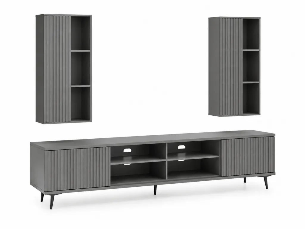 Ensemble meuble TV rectangulaire 3 pieces gris anthracite en panneaux de particules 180 x 40 x 50 cm avec 2 armoires murales 40 x 30 x 100 cm