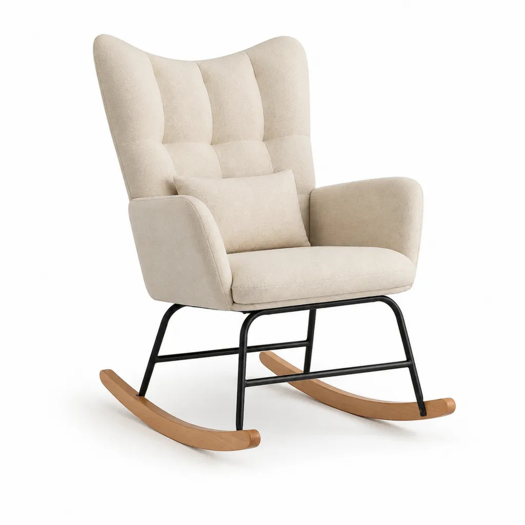 Fauteuil a bascule rembourre en polyester beige avec patins en hetre massif 75 x 96 x 104 cm