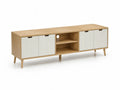 Meuble TV rectangulaire 180 x 40 x 60 cm en panneaux MDF melamines chene clair et blanc avec 4 portes