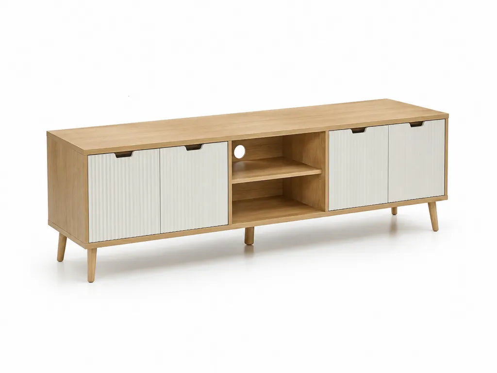 Meuble TV rectangulaire 180 x 40 x 60 cm en panneaux MDF melamines chene clair et blanc avec 4 portes