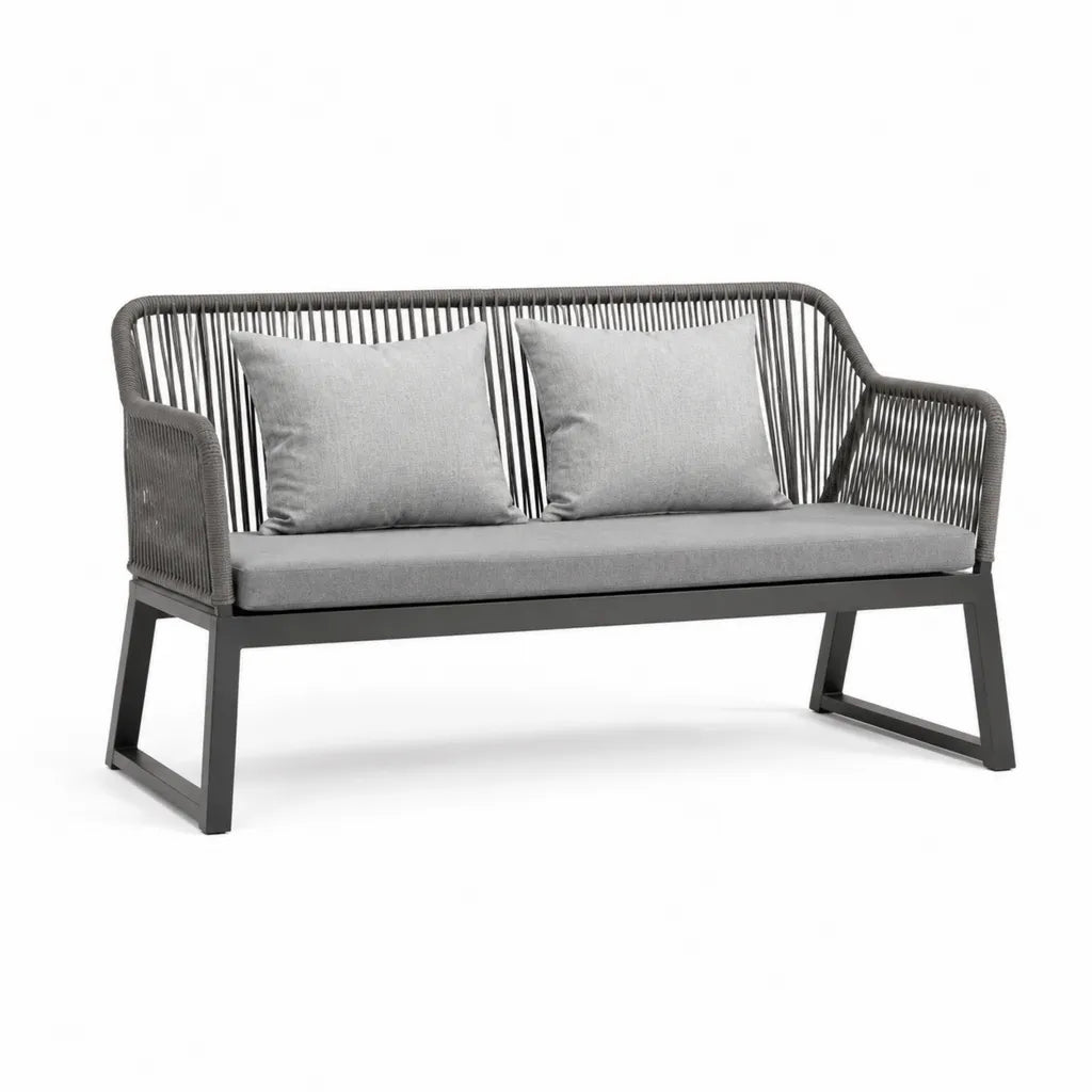 Banc de jardin 2 places 126 x 75 x 78 cm en aluminium et corde PE gris anthracite avec coussins