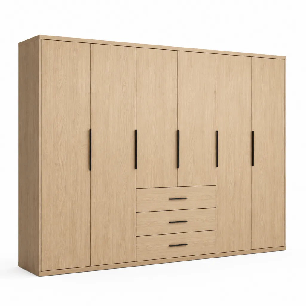 Armoire de chambre 6 portes 3 tiroirs en panneaux de particules melamines effet chene clair 300 x 60 x 220 cm