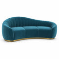 Canape 3 places arrondi en velours de polyester bleu canard avec socle dore 220 x 95 x 75 cm