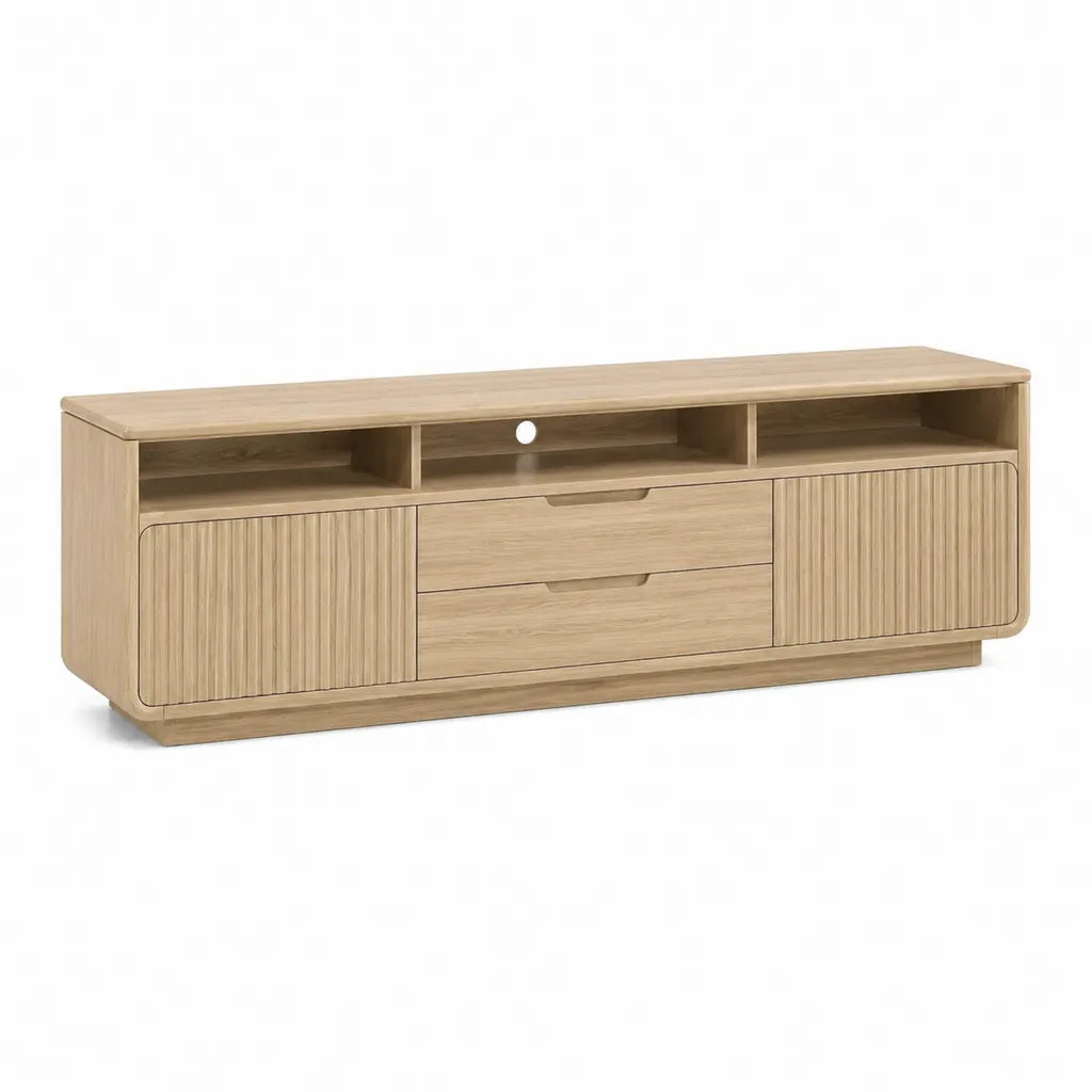 Meuble TV bas rectangulaire 180 x 40 x 55 cm en MDF plaque chene naturel avec 2 portes et 2 tiroirs
