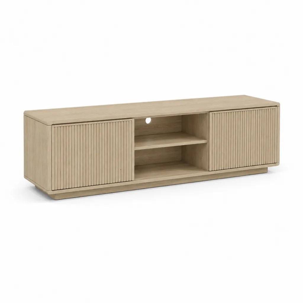 Meuble TV 160 x 40 x 45 cm en MDF plaque chene clair avec 2 portes coulissantes et niche centrale
