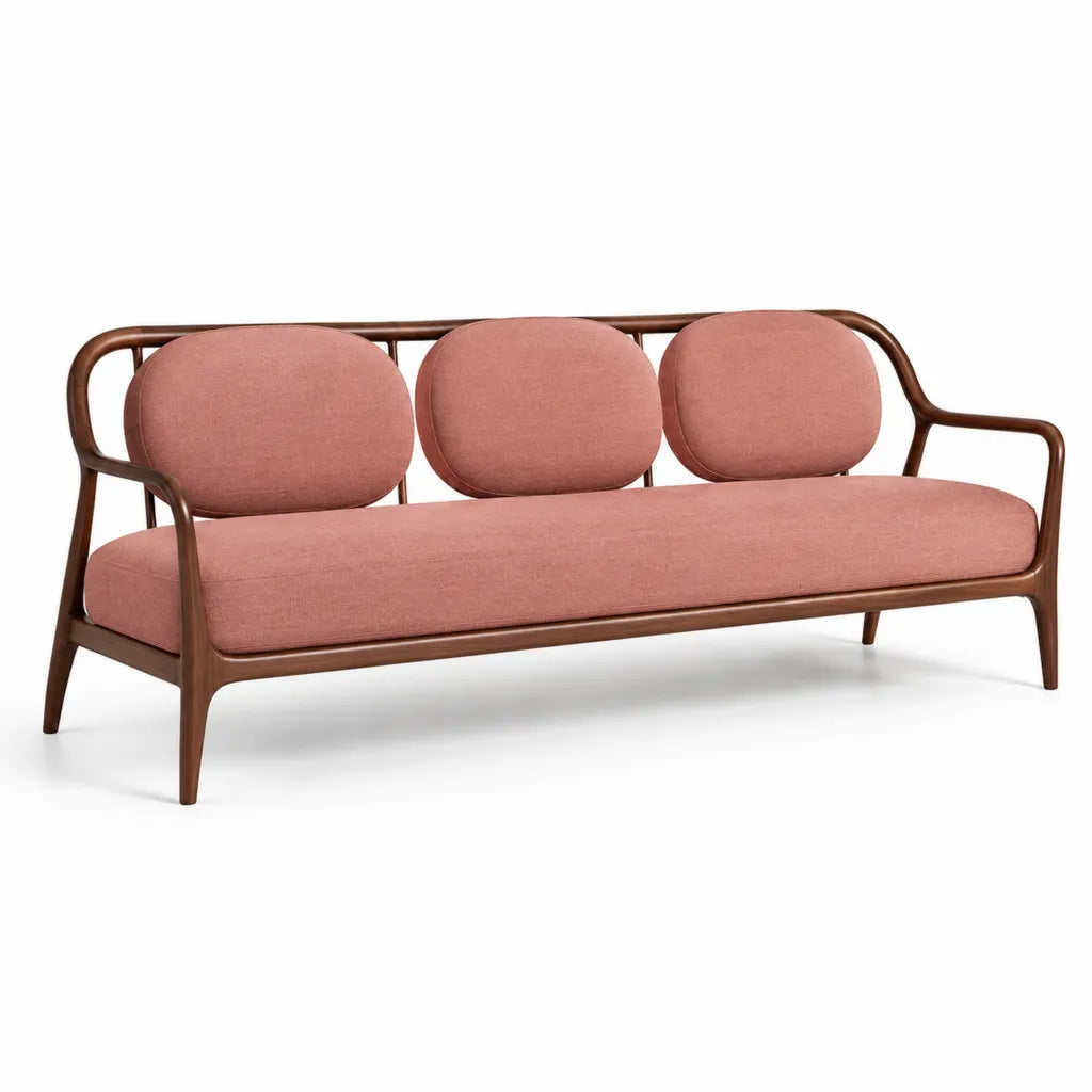 Canape 3 places en polyester et hevea massif rose 180 x 75 x 80 cm