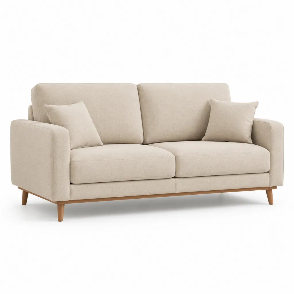 Canape 2 places droit 170 x 85 x 85 cm en polyester beige avec pieds en bois massif