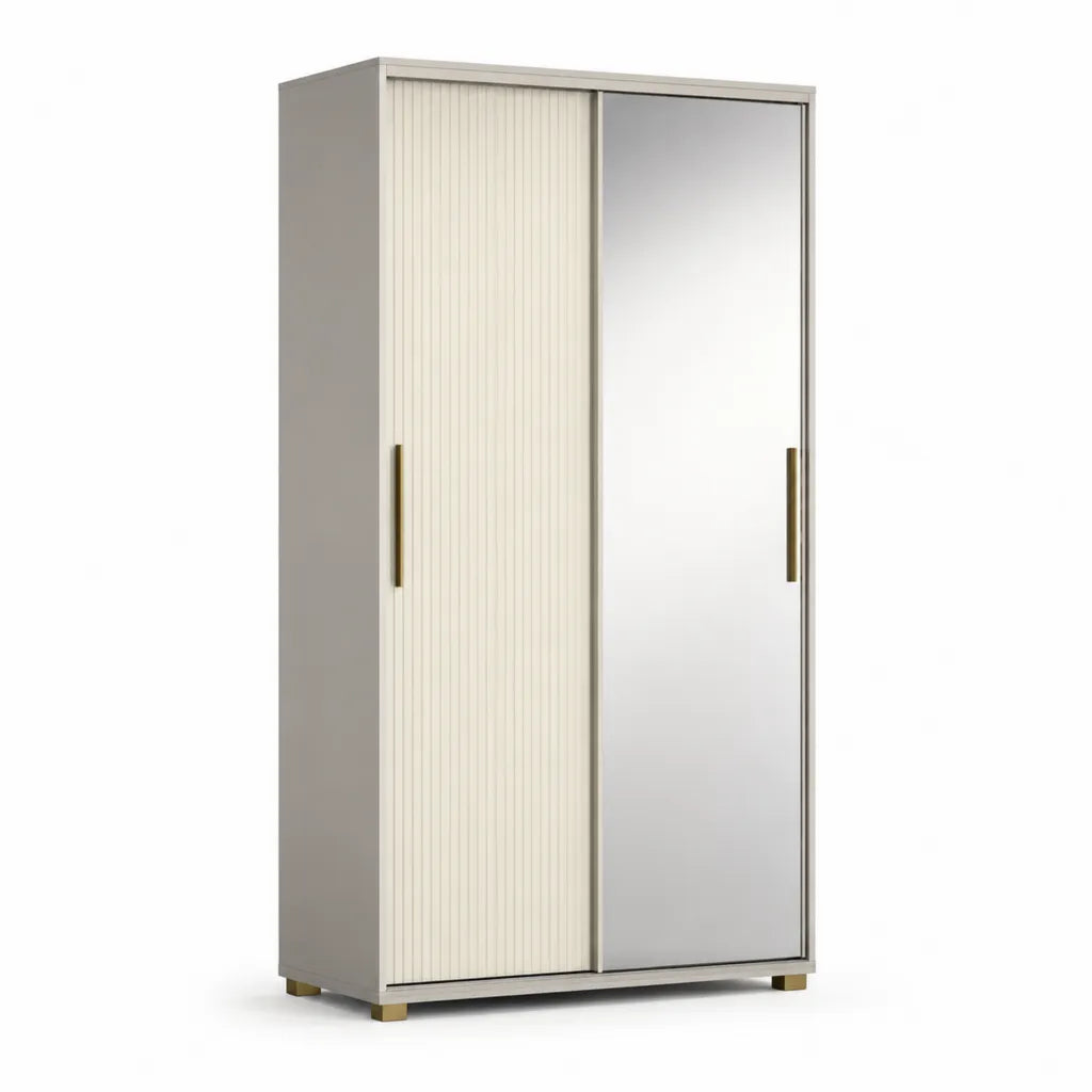 Armoire rectangulaire a portes coulissantes avec miroir 120 x 60 x 200 cm en panneaux de particules beige et gris clair