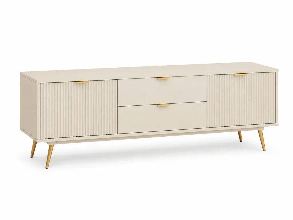 Meuble TV rectangulaire 180 x 40 x 55 cm en panneaux MDF beige avec 2 portes et 2 tiroirs