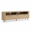 Meuble TV 160 x 40 x 55 cm en panneaux MDF decor chene clair avec portes rainurees et extremites arrondies
