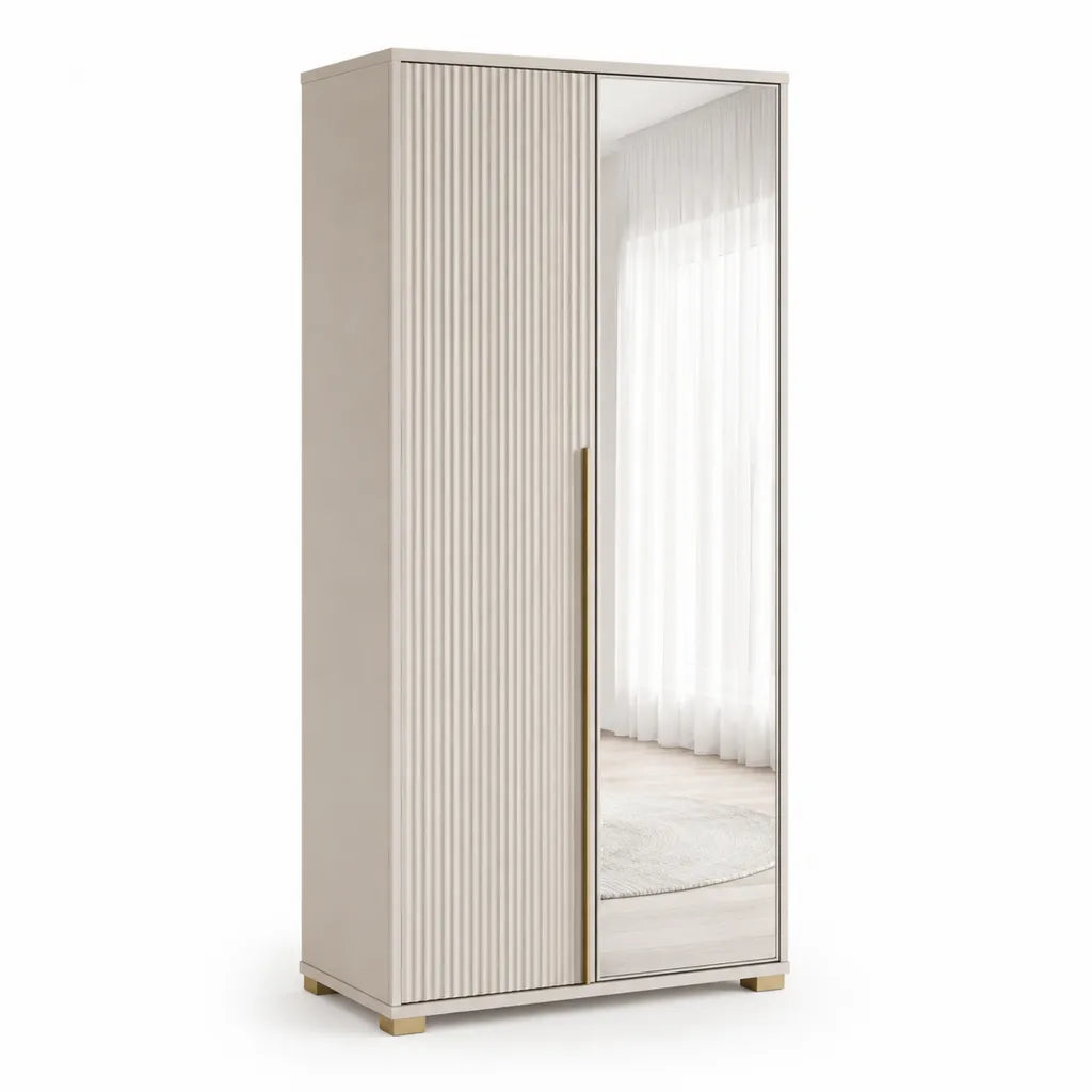Armoire de chambre rectangulaire 2 portes battantes avec miroir 90 x 52 x 190 cm en panneaux de particules beige