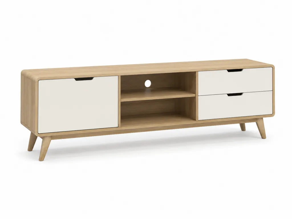 Meuble TV 140 x 40 x 50 cm en panneaux MDF blanc et chene avec 1 porte 2 tiroirs