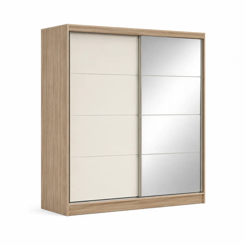 Armoire rectangulaire a portes coulissantes 180 x 60 x 200 cm en panneaux de particules melamines blanc chene clair avec miroir