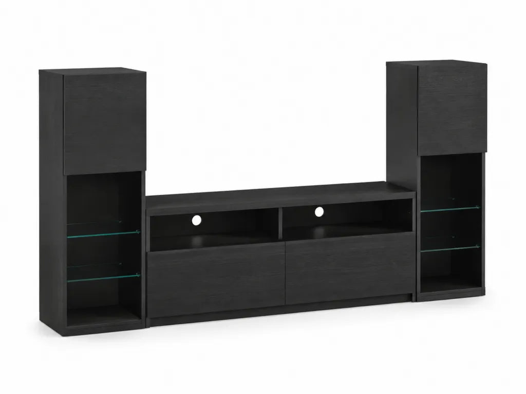 Meuble TV avec colonnes de rangement 3 elements rectangulaire en panneaux de particules melamines et verre trempe noir 260 x 35 x 180 cm