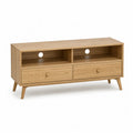 Meuble TV rectangulaire 120 x 40 x 60 cm en panneaux MDF plaques chene naturel avec 2 tiroirs