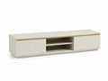 Meuble TV bas 180 x 40 x 45 cm en panneaux MDF blanc avec 2 portes coulissantes rainurees et rangements ouverts