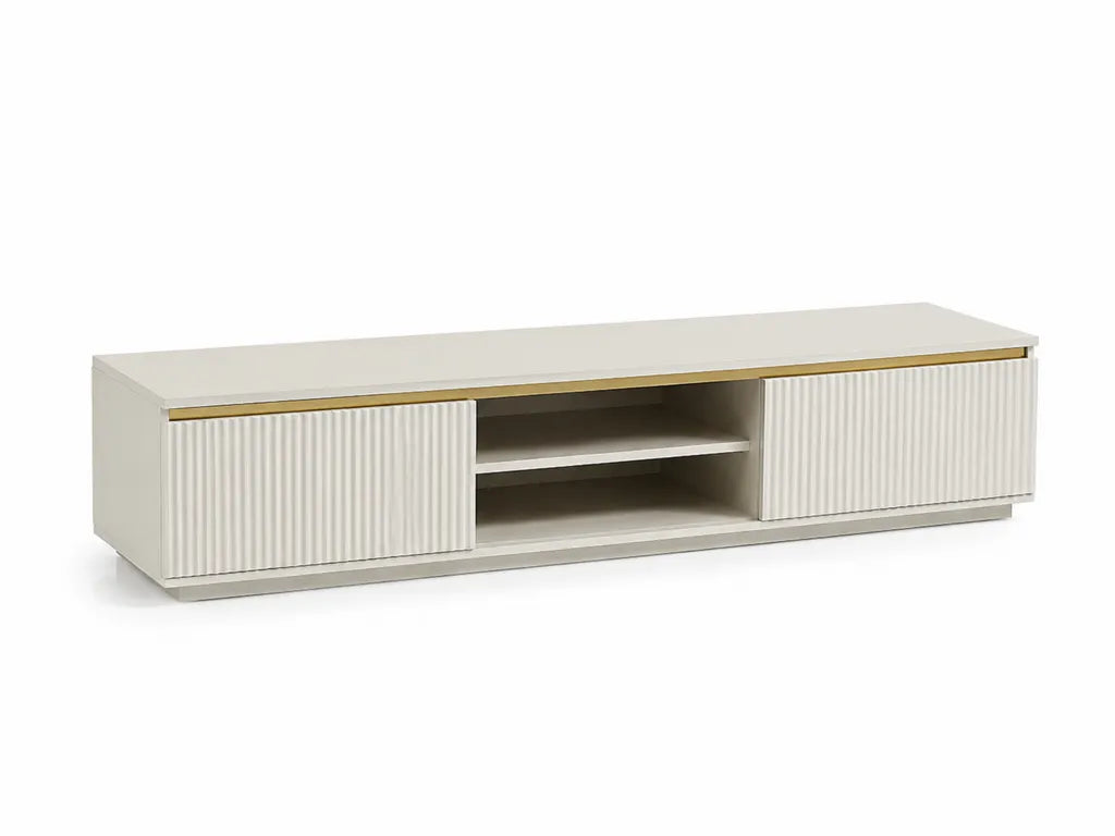 Meuble TV bas 180 x 40 x 45 cm en panneaux MDF blanc avec 2 portes coulissantes rainurees et rangements ouverts