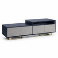 Meuble TV rectangulaire 200 x 40 x 55 cm en MDF bleu marine avec 4 portes et pieds dores