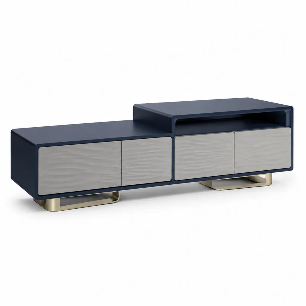 Meuble TV rectangulaire 200 x 40 x 55 cm en MDF bleu marine avec 4 portes et pieds dores