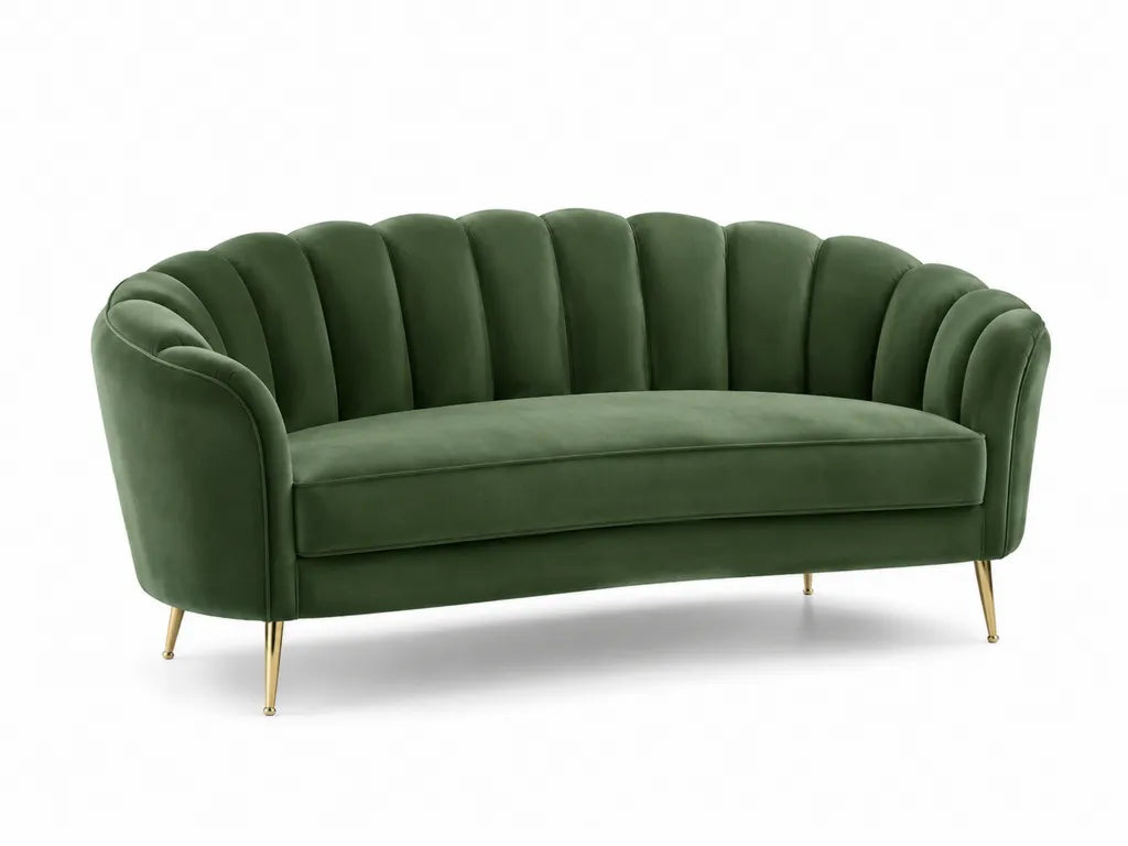 Canape 2 places 180 x 80 x 78 cm en velours de polyester vert forme arrondie